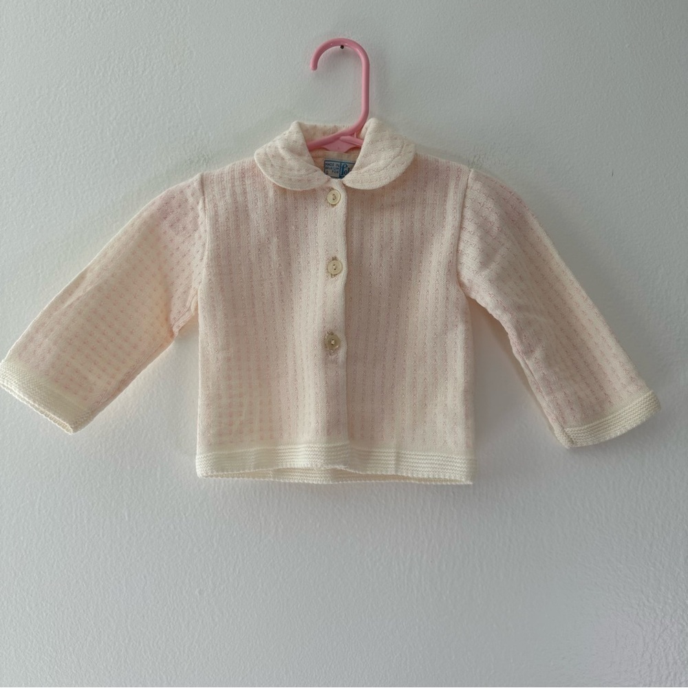 Vintage Foley’s Baby Sweater Set Pink White Knit Cardigan Bonnet Size 6M